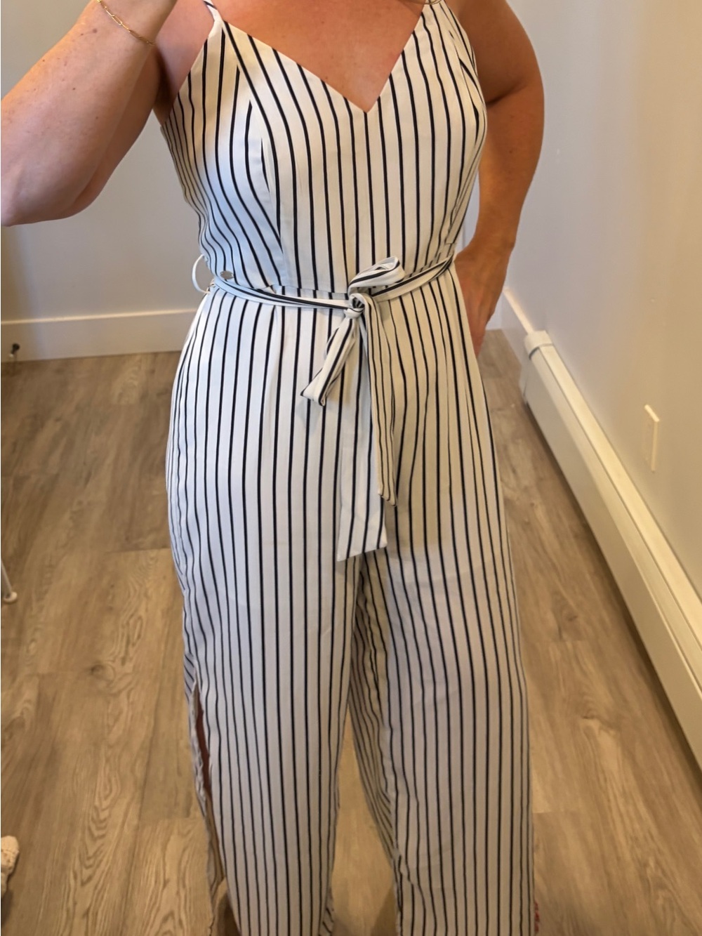 GUESS White Jumpsuit with Black Vertical Stripes and Tie Waist
